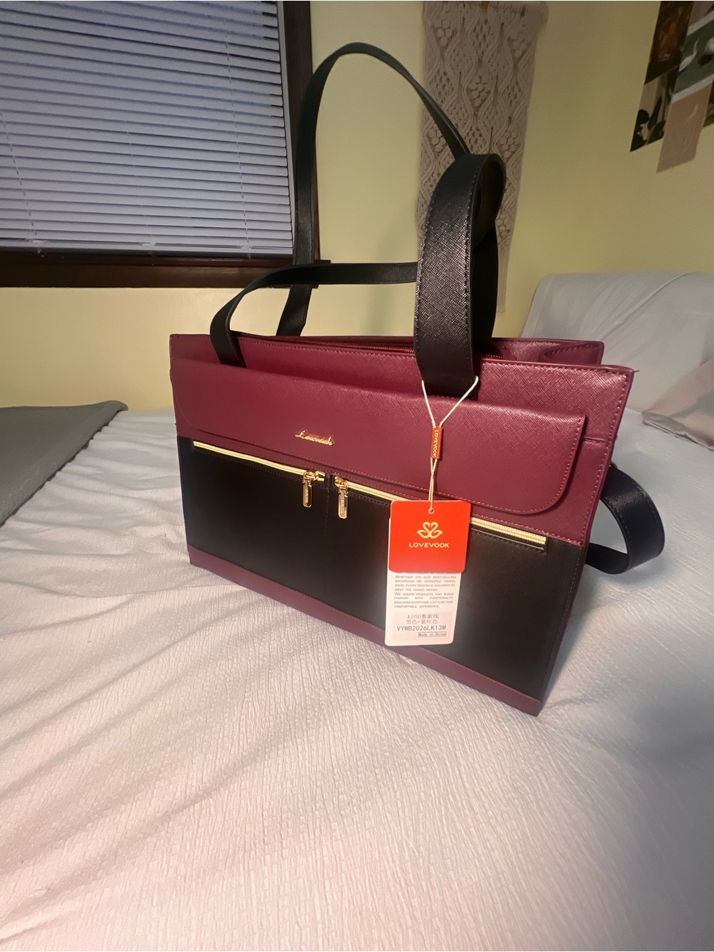 Structured Burgundy and Black Tote with Front Zip Pocket